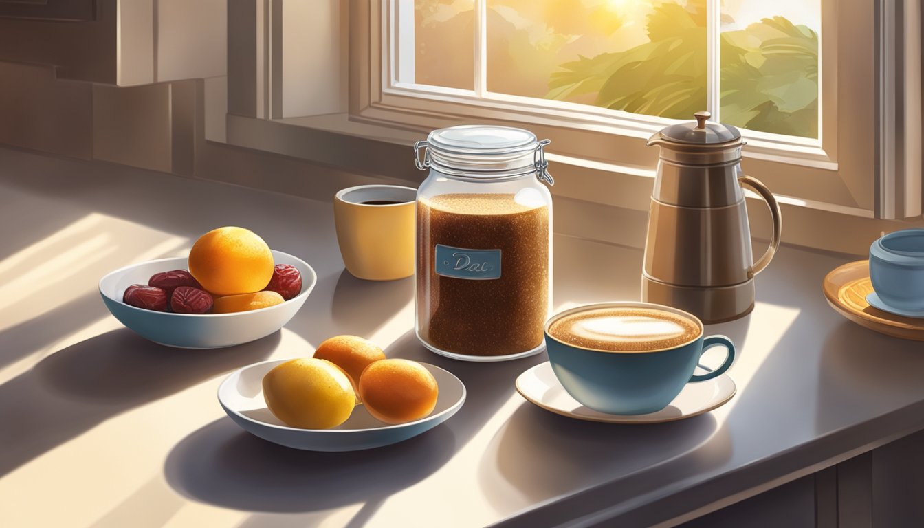 A jar of date sugar sits on a kitchen counter, next to a bowl of fresh fruit and a cup of coffee. Sunshine streams through the window, casting a warm glow over the scene