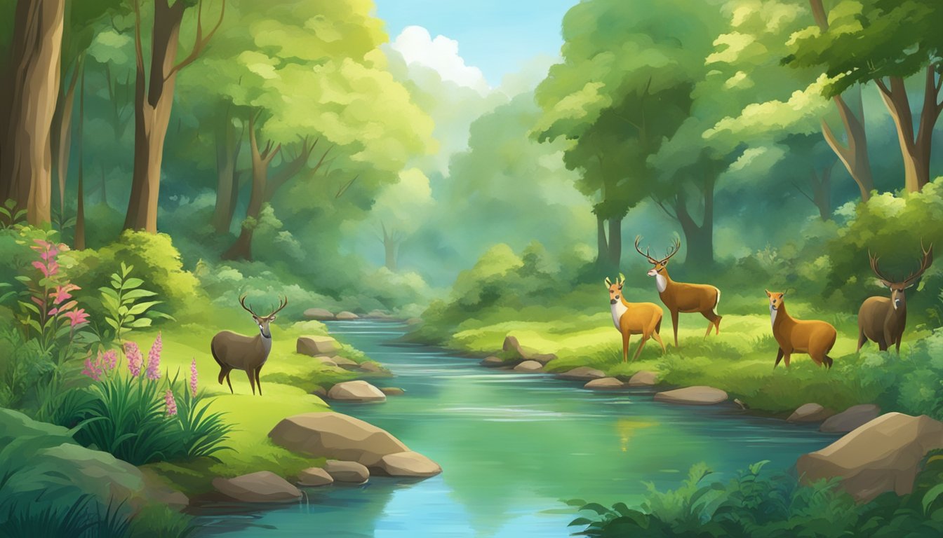 A serene forest with a clear stream, diverse plant life, and animals coexisting harmoniously