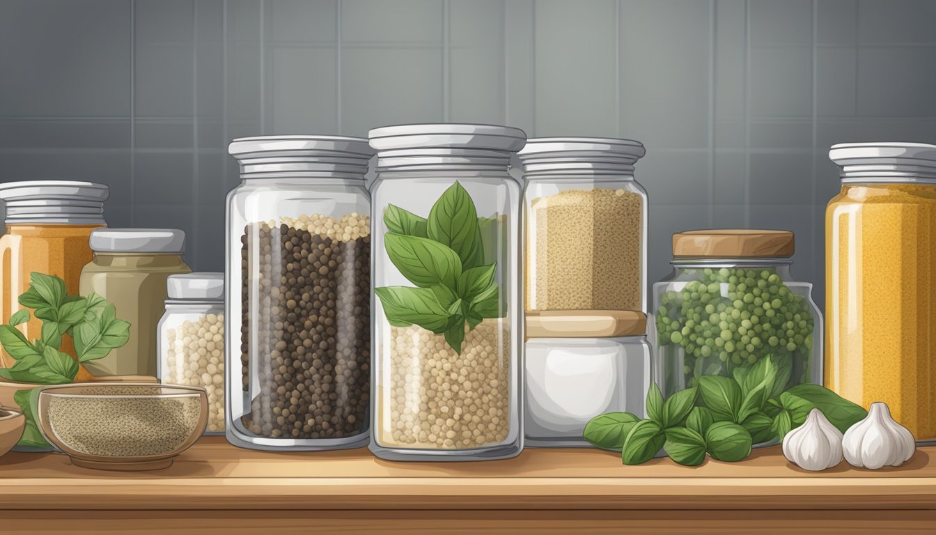 A jar of white pepper sits on a clean, organized kitchen shelf next to other spices and herbs. The jar is sealed tightly and shows no signs of spoilage