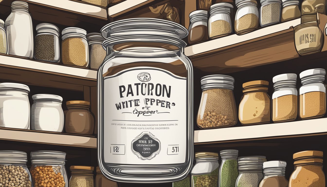 A jar of white pepper sits on a kitchen shelf, surrounded by other spices. The label indicates the expiration date