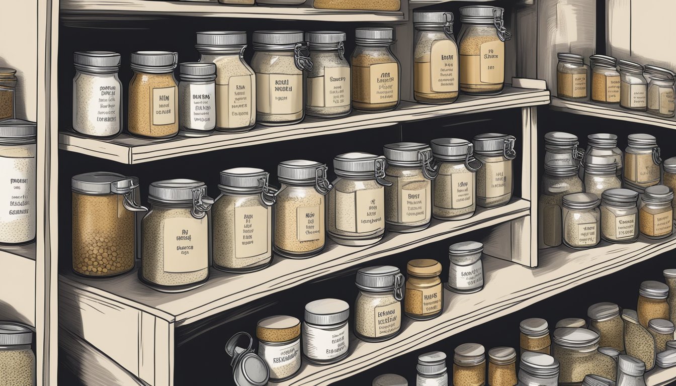 A pantry shelf with various spice jars, including a container of white pepper, labeled with expiration date and storage instructions