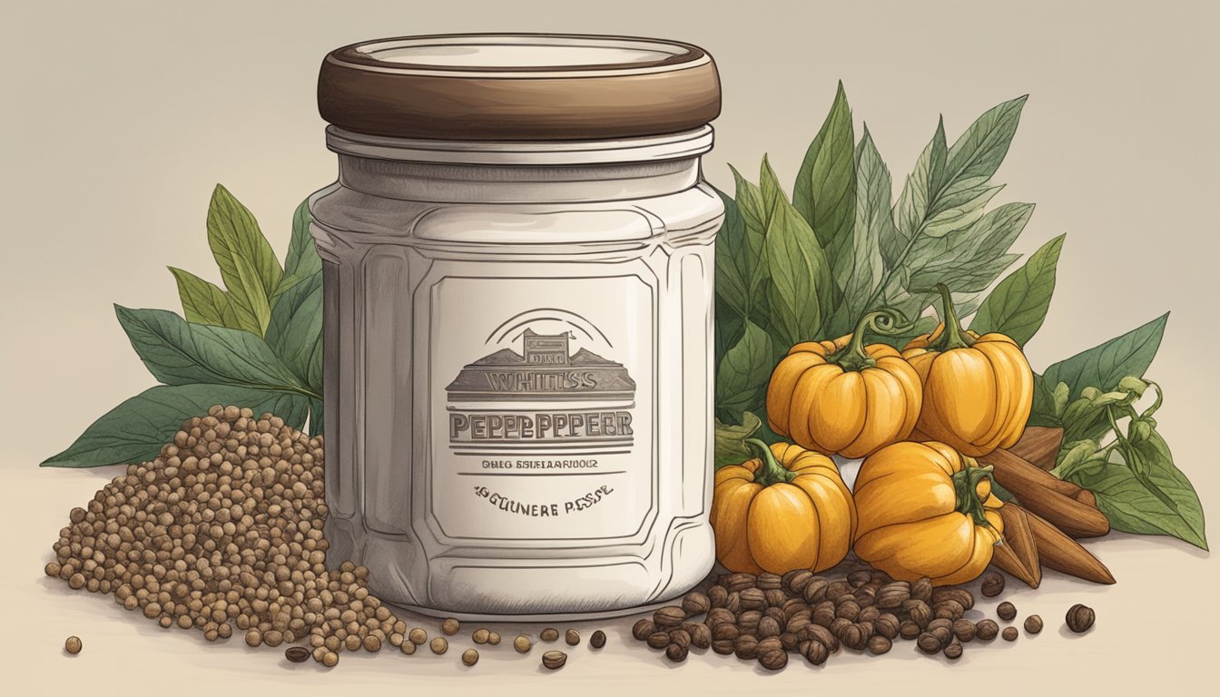 A white pepper container sits on a shelf, surrounded by other spices. The label is faded and the pepper inside appears clumped and discolored