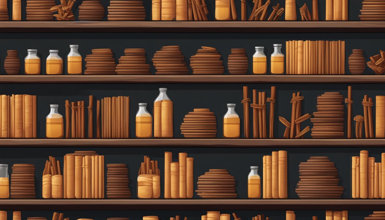 A shelf with neatly arranged cinnamon sticks in a cool, dark pantry