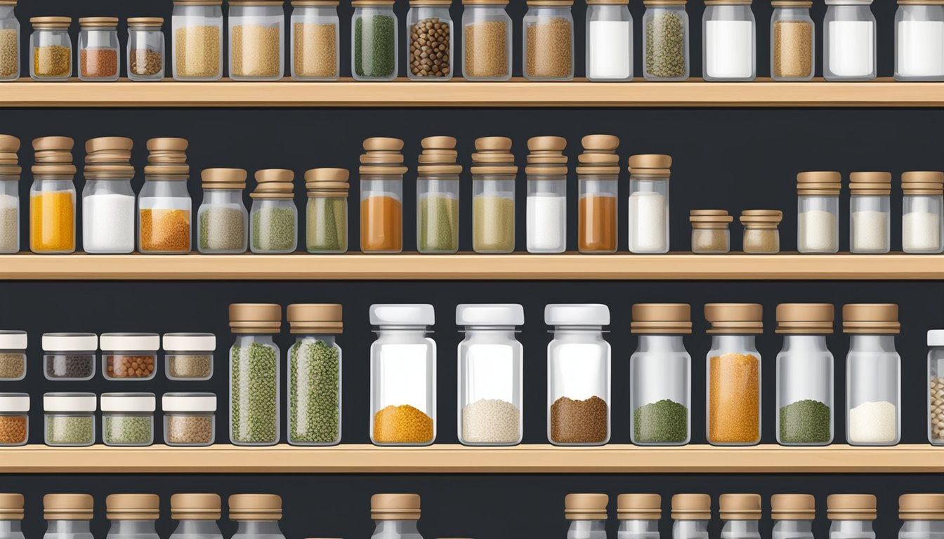 A spice rack with neatly organized jars of white pepper, alongside a pantry with airtight containers for long-term storage