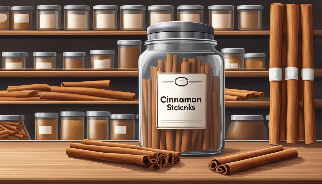 A sealed jar of cinnamon sticks with a label indicating the expiration date, surrounded by a clean and organized pantry shelf