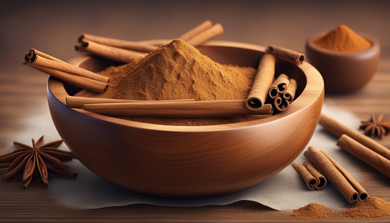 A wooden bowl filled with cinnamon sticks, ground cinnamon, and a sprinkle of cinnamon powder on a rustic table