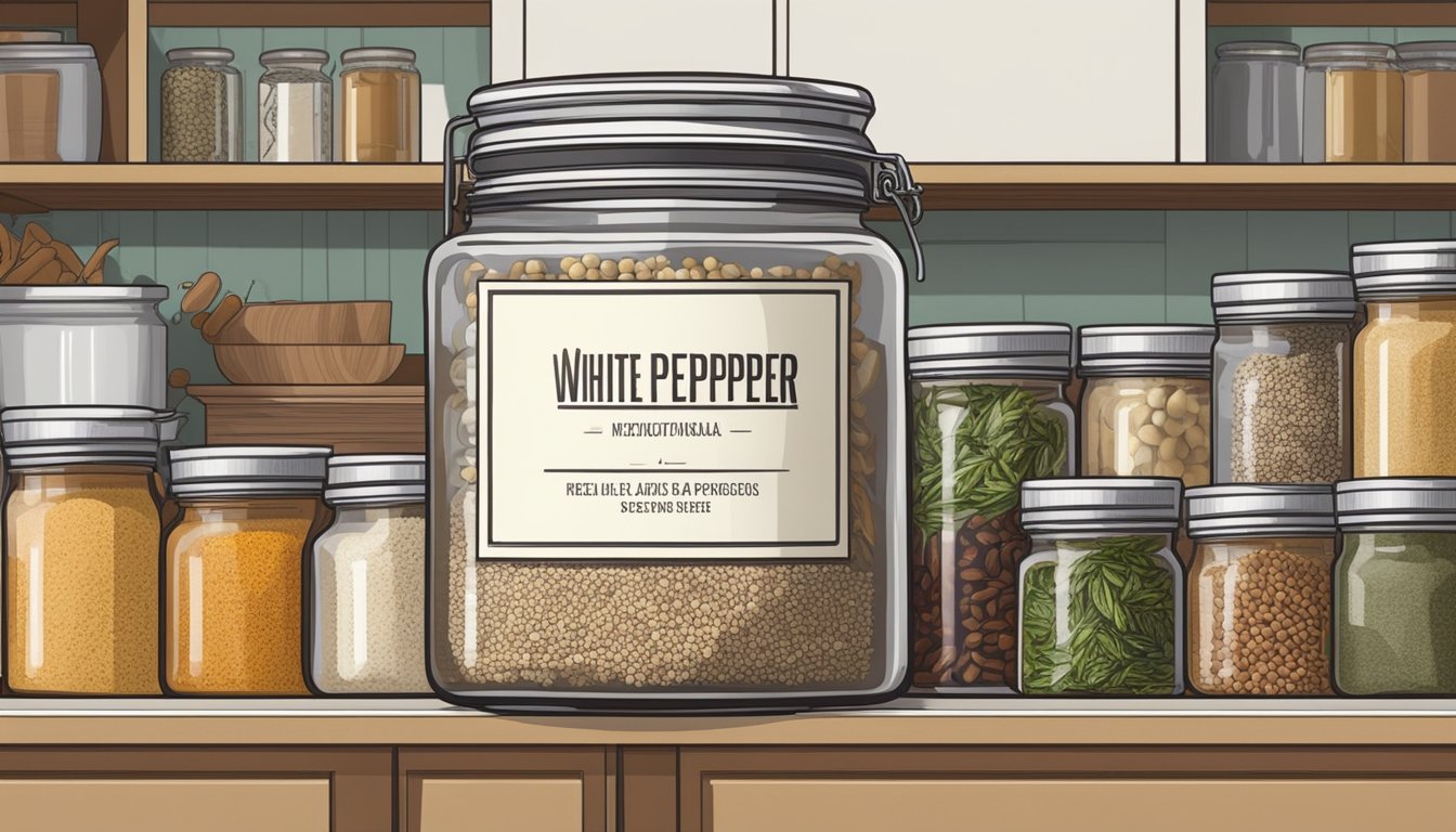 A jar of white pepper sits on a kitchen shelf, surrounded by neatly organized spices and herbs. The label on the jar indicates the expiration date, while a nearby sign provides storage tips