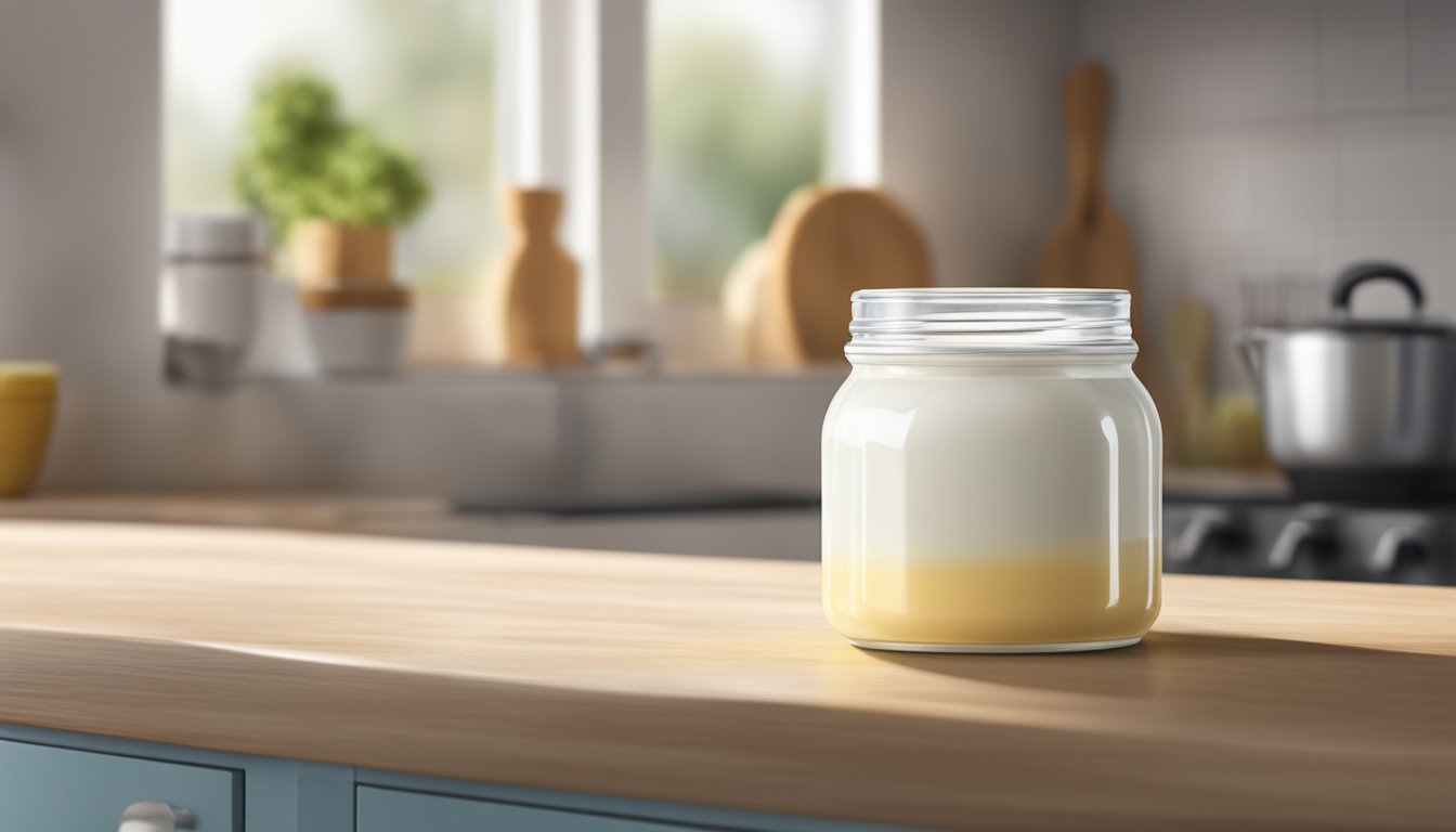 A jar of mayonnaise sits on a kitchen counter, with condensation forming on the outside due to temperature changes