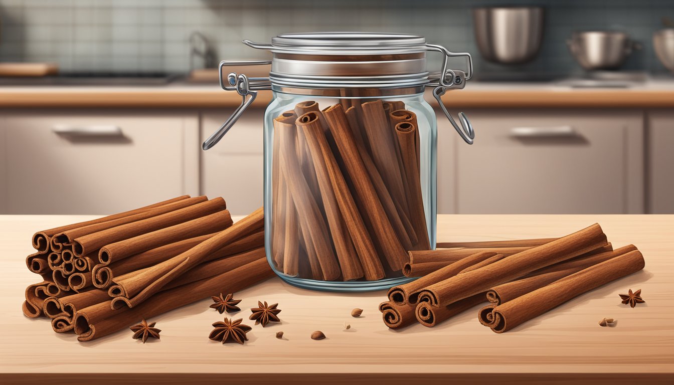 A jar of cinnamon sticks on a kitchen counter with a few sticks spilling out onto the surface