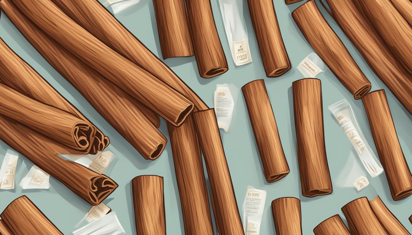 A bundle of cinnamon sticks in a clear packaging with a simple label