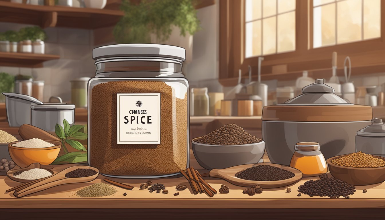 A jar of Chinese five spice sits on a kitchen counter, surrounded by various cooking ingredients and utensils. The warm, earthy aroma of the spice fills the air