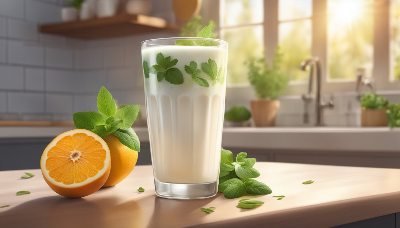 A glass of kefir sits on a kitchen counter, surrounded by fresh fruits and herbs. The sunlight streams through the window, casting a warm glow on the probiotic-rich beverage