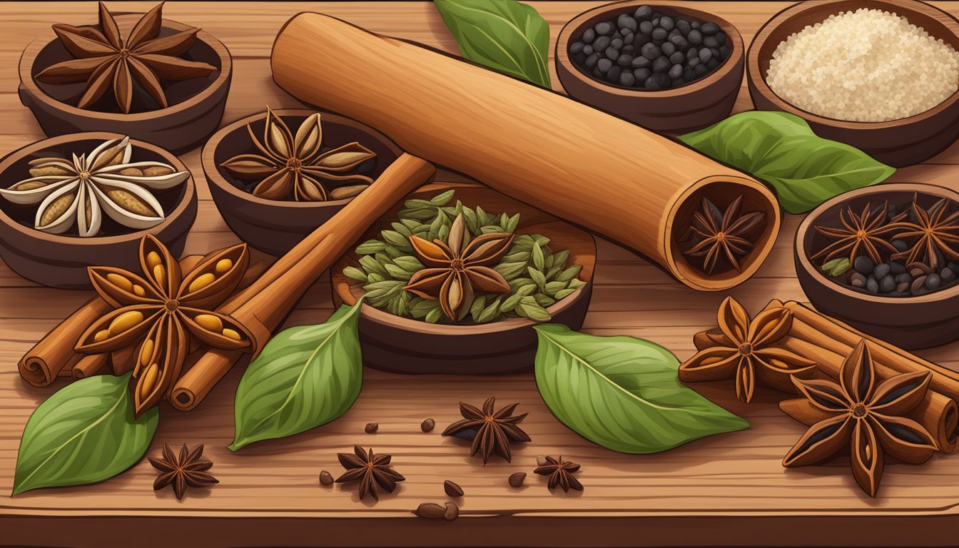 A colorful array of fresh spices and herbs, including star anise, cloves, and cinnamon, arranged on a wooden cutting board