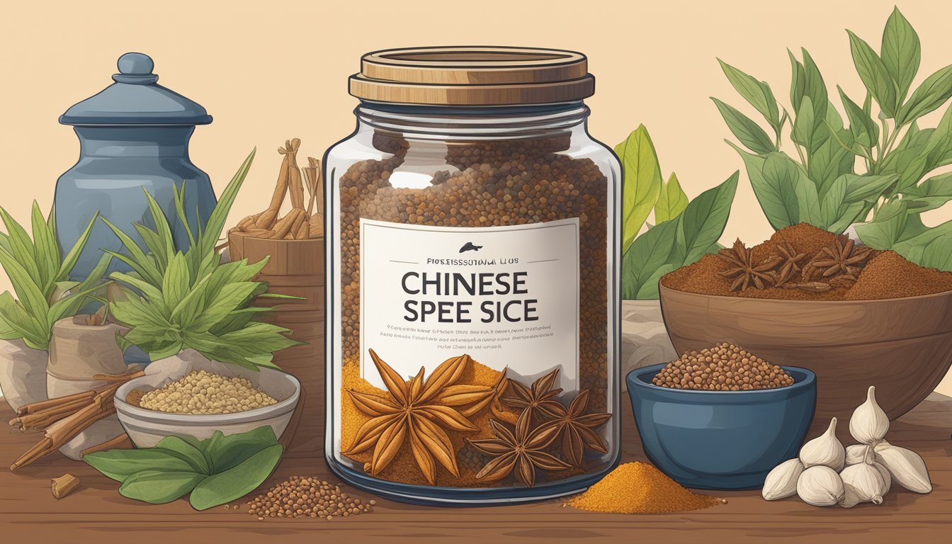 A jar of Chinese five spice sits open, surrounded by vibrant whole spices. A faint aroma wafts from the mixture, inviting a closer inspection