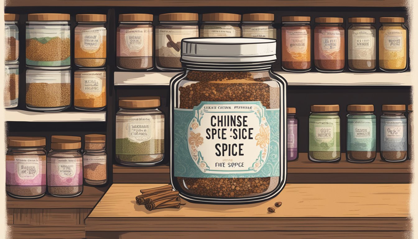 A jar of Chinese five spice sits on a shelf, surrounded by other spice blends. The label is slightly faded, but the contents inside are still vibrant and aromatic