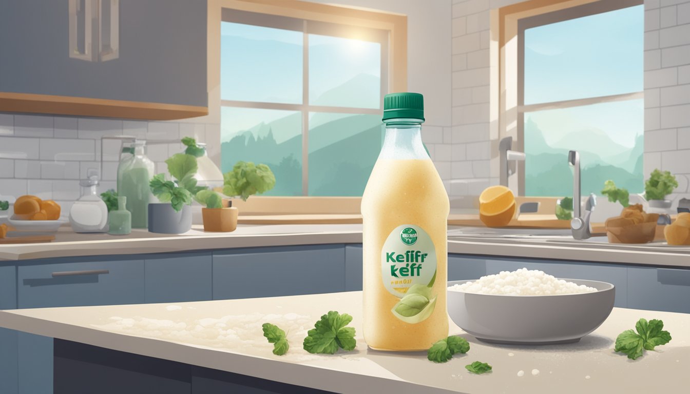 A bottle of kefir sits on a kitchen counter, surrounded by moldy food. The kefir is curdled and emitting a foul odor