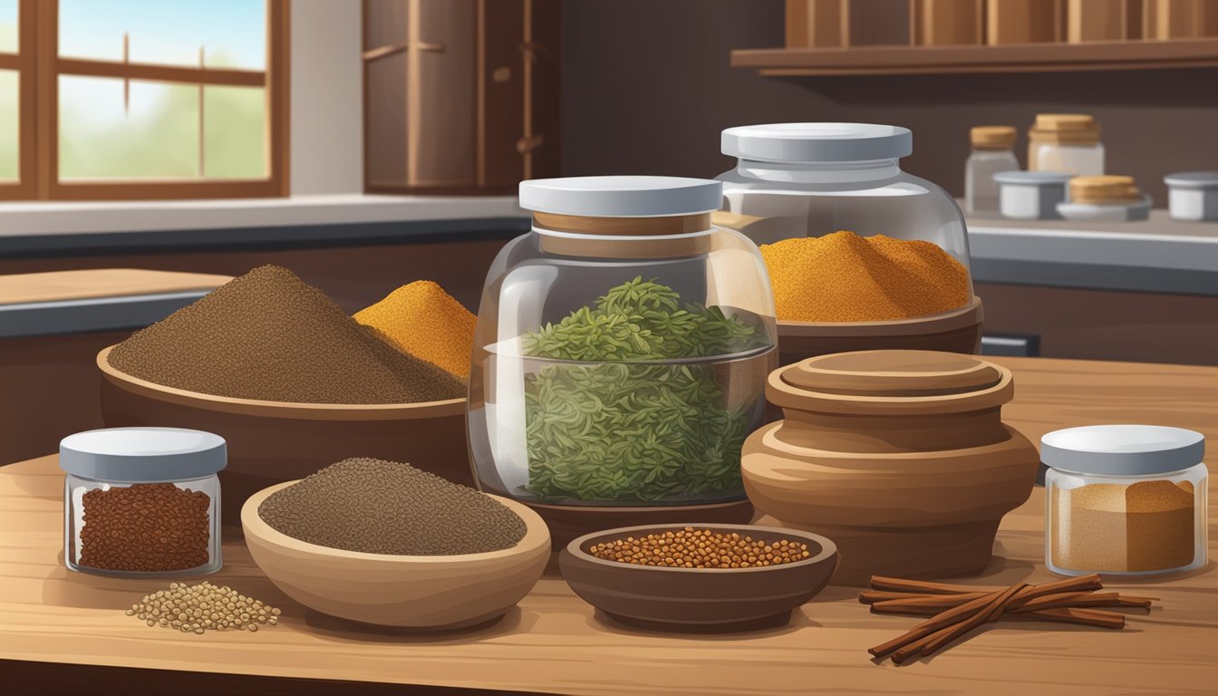 A traditional Chinese kitchen with various spices, including a jar of Chinese five spice, arranged neatly on a wooden countertop