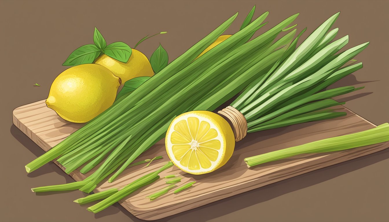 A bundle of fresh lemongrass sits on a wooden cutting board next to a sharp knife and a pile of discarded outer leaves