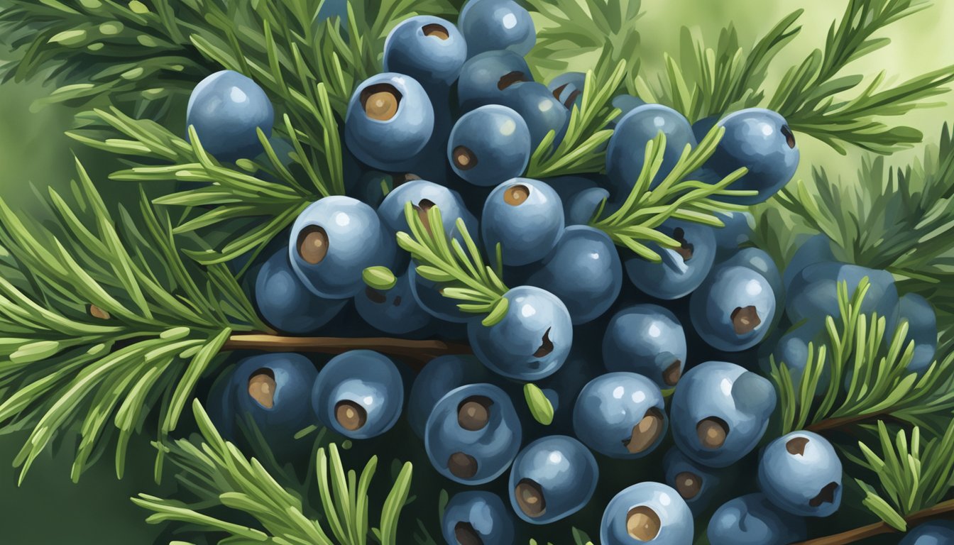 A close-up of fresh juniper berries nestled among the green, needle-like leaves of a juniper plant, with a few berries starting to show signs of ripeness