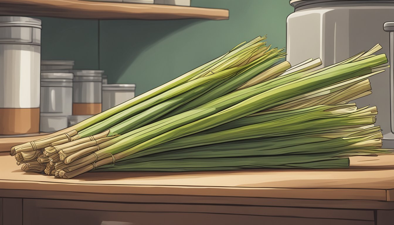 A bundle of lemongrass sits on a kitchen shelf, slowly wilting and turning brown as it spoils