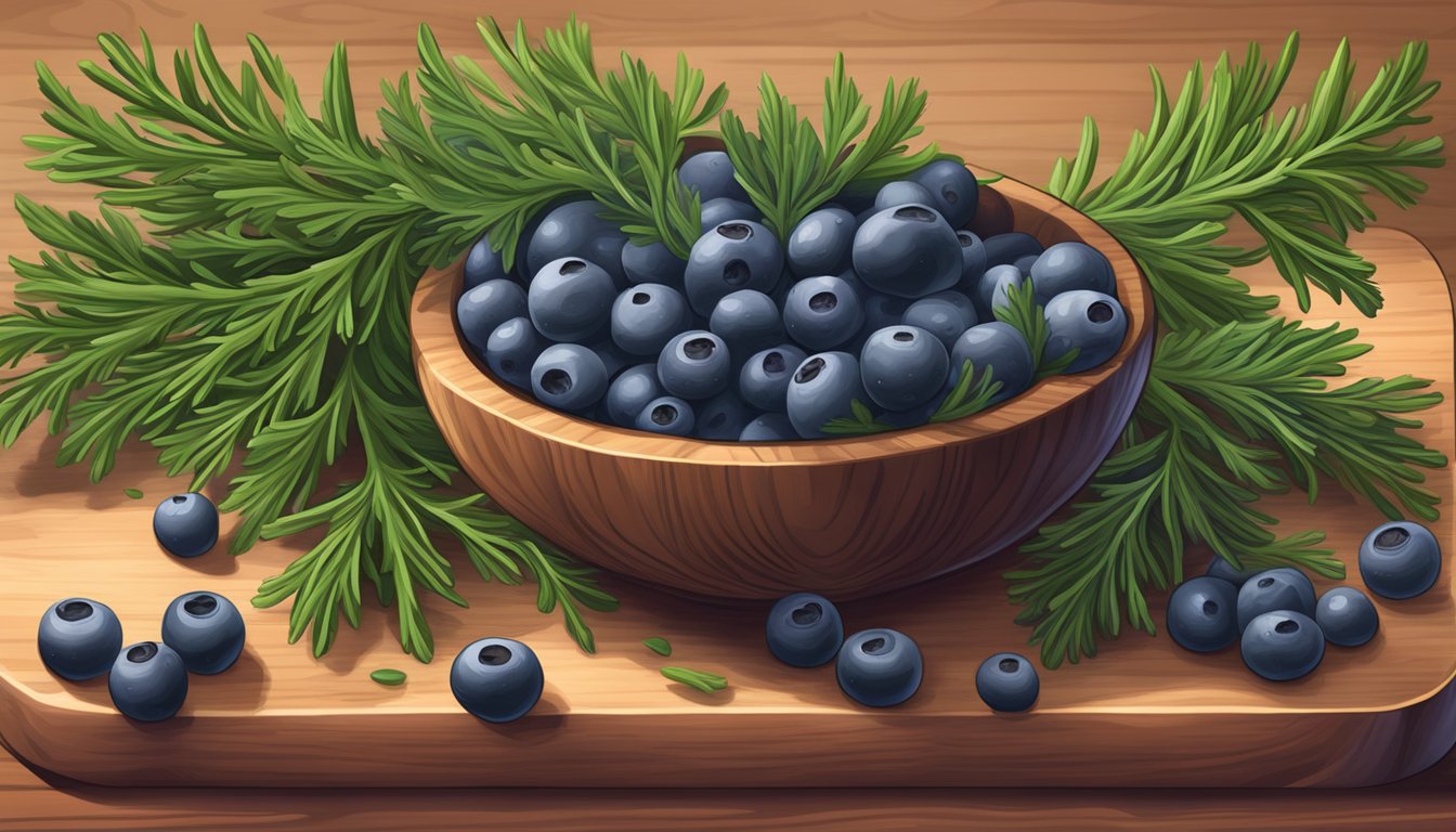 A bowl of fresh juniper berries spilling out onto a wooden cutting board, surrounded by vibrant green juniper branches and leaves