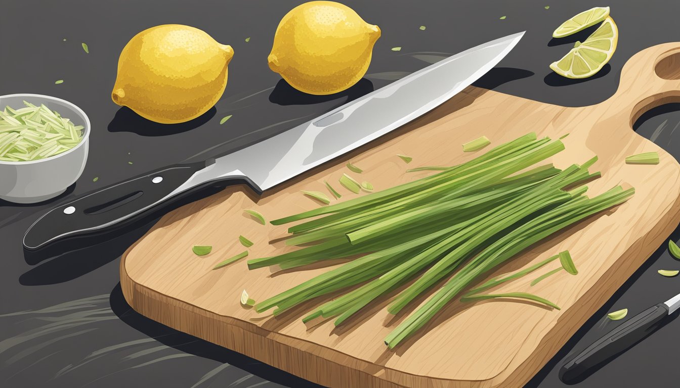 Lemongrass being rinsed and chopped on a cutting board with a sharp knife nearby