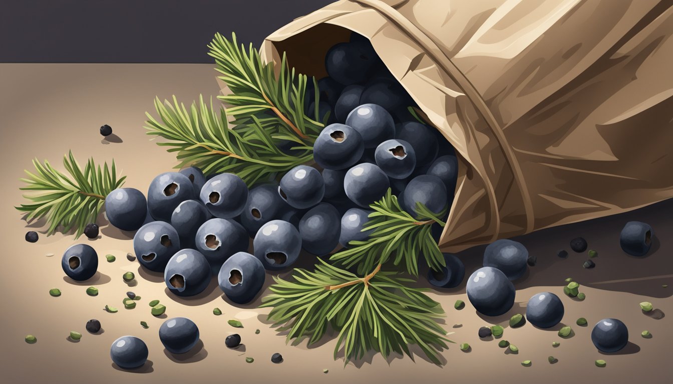 A pile of juniper berries spilling out of a torn paper bag, surrounded by a few shriveled and moldy berries