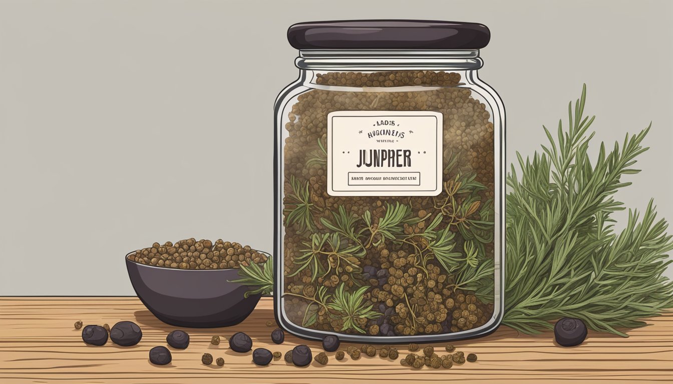 A glass jar filled with dried juniper berries sits on a wooden shelf, surrounded by other herbs and spices. The label on the jar indicates the date of purchase