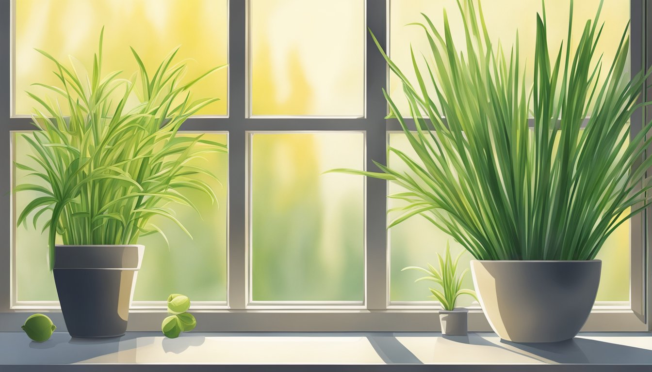 A vibrant lemongrass plant grows in a sunny kitchen window, its fragrant leaves reaching towards the light