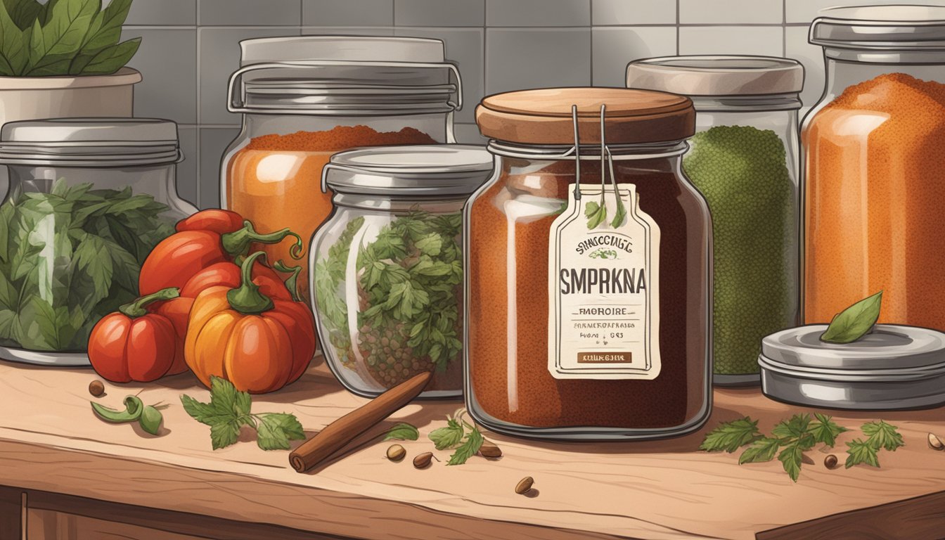 A jar of smoked paprika sits on a kitchen counter, surrounded by various spices and herbs. The label on the jar is faded, hinting at its age