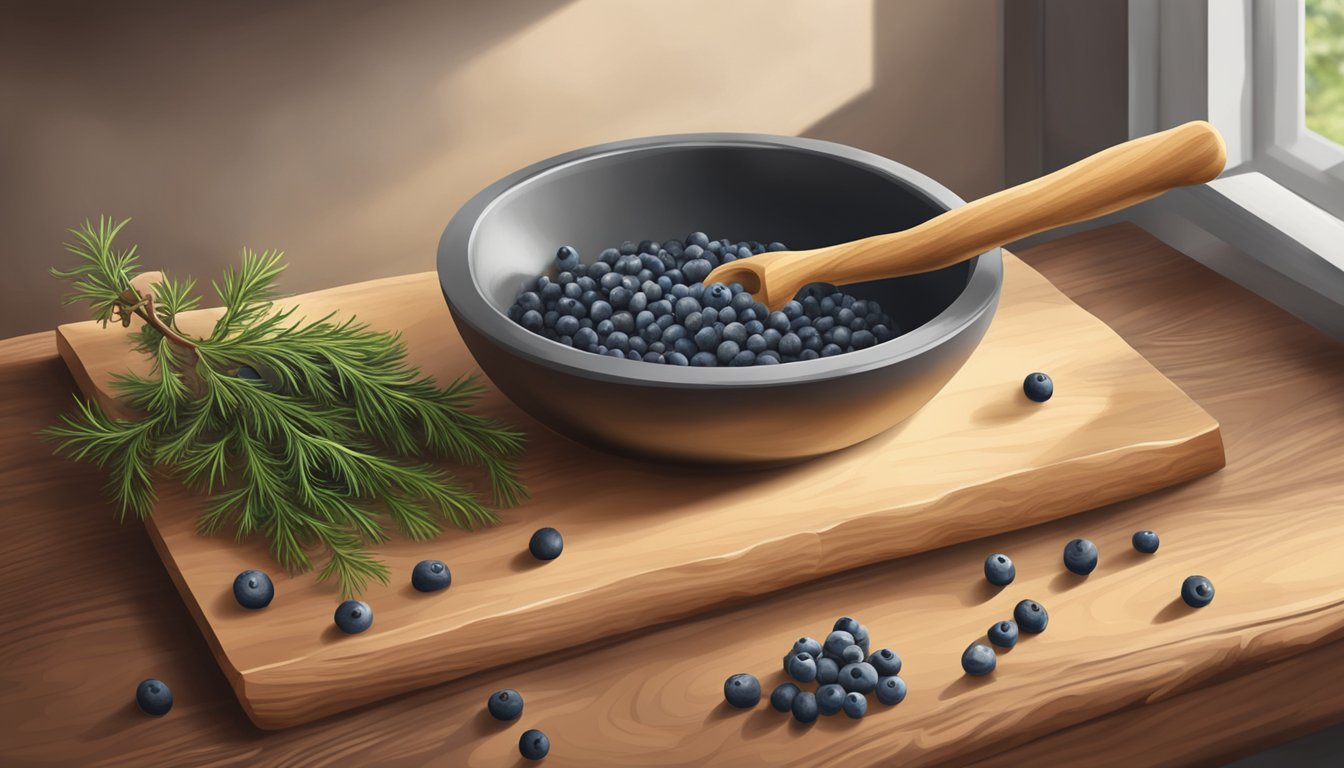 A rustic kitchen counter with a wooden cutting board, a mortar and pestle, and a scattering of fresh juniper berries