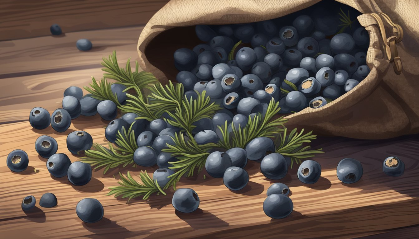 A pile of juniper berries spilling out of a torn, weathered bag, scattered on a wooden table