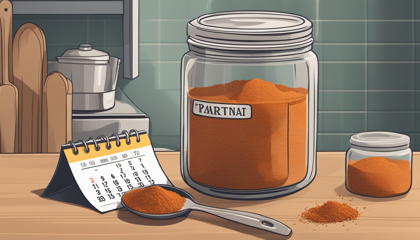 A jar of smoked paprika sits on a kitchen counter next to a calendar showing the current date and a label indicating the expiration date