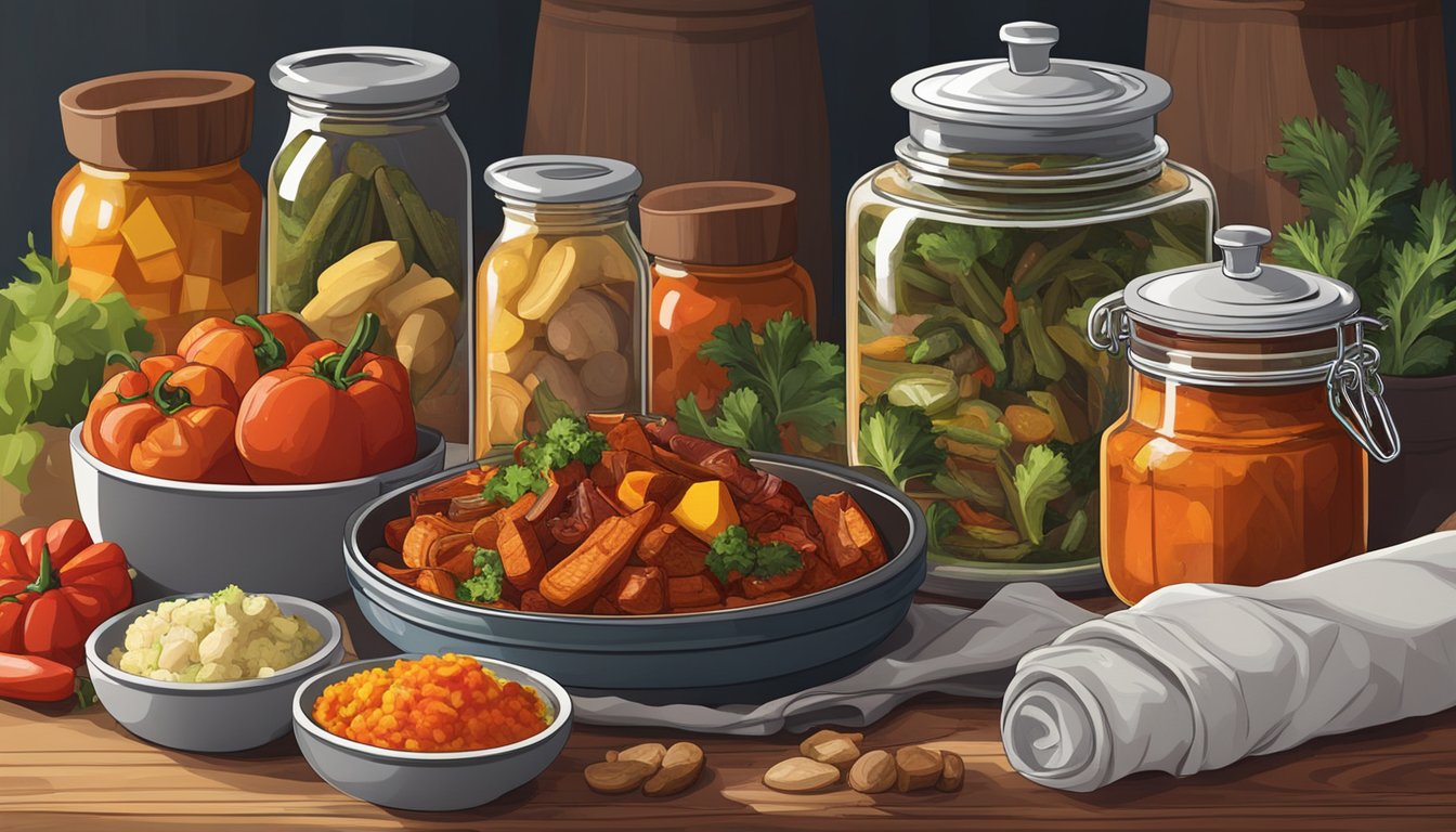 A jar of smoked paprika sits next to a variety of culinary creations, including a pot of simmering stew and a plate of roasted vegetables