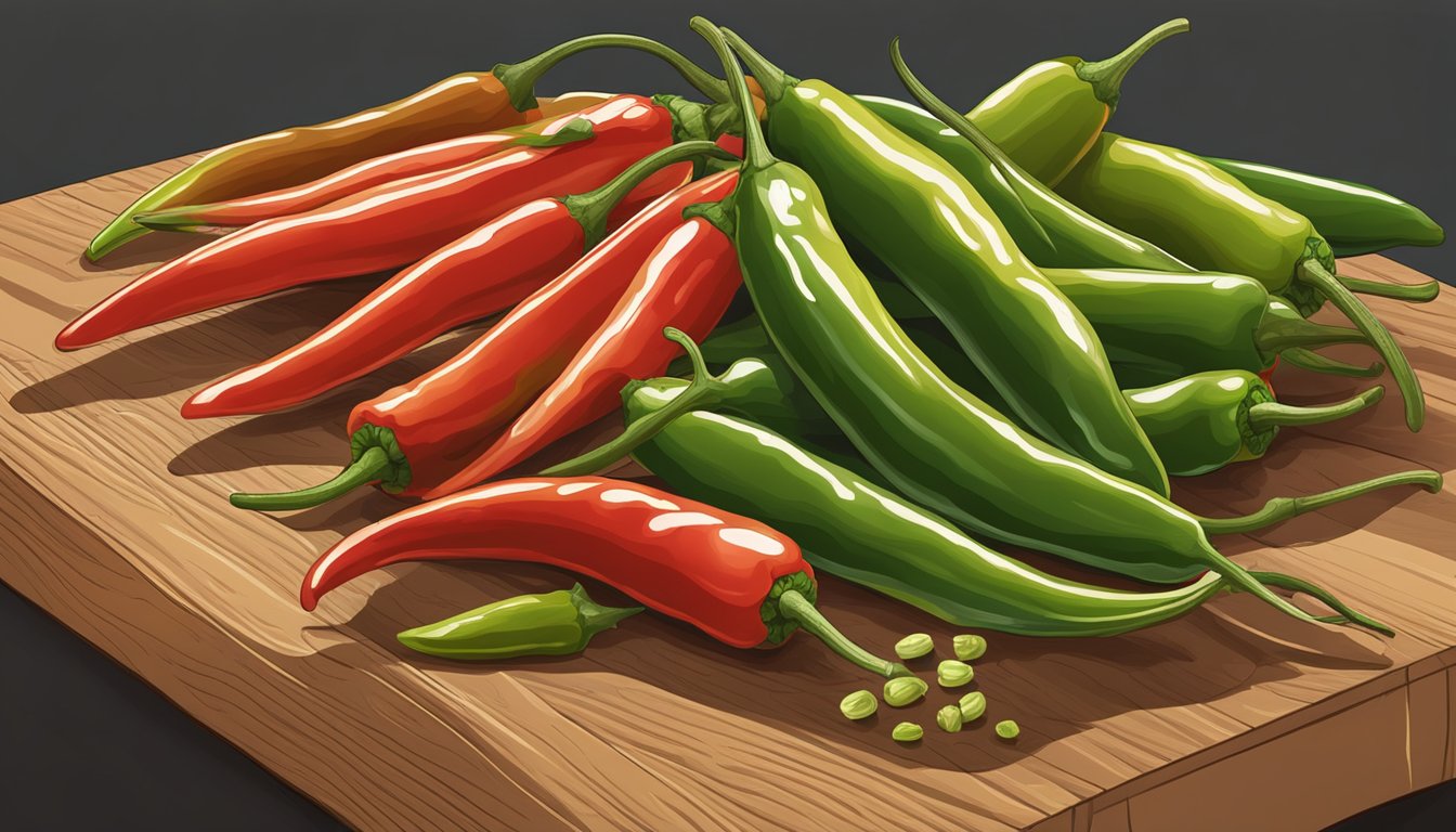 A pile of long peppers in various stages of ripeness, some firm and green, others shriveled and brown, arranged on a wooden cutting board