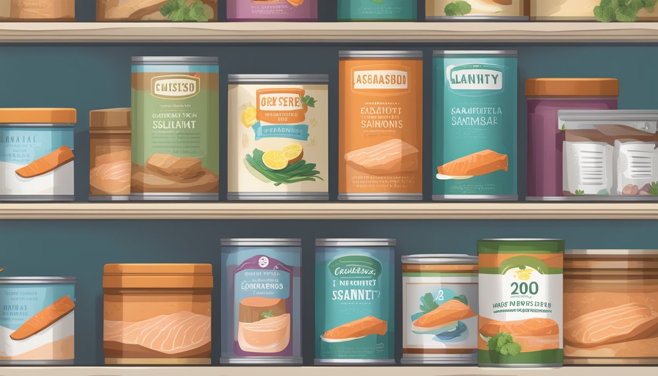 A pantry shelf with expired canned salmon and a calendar showing the current date