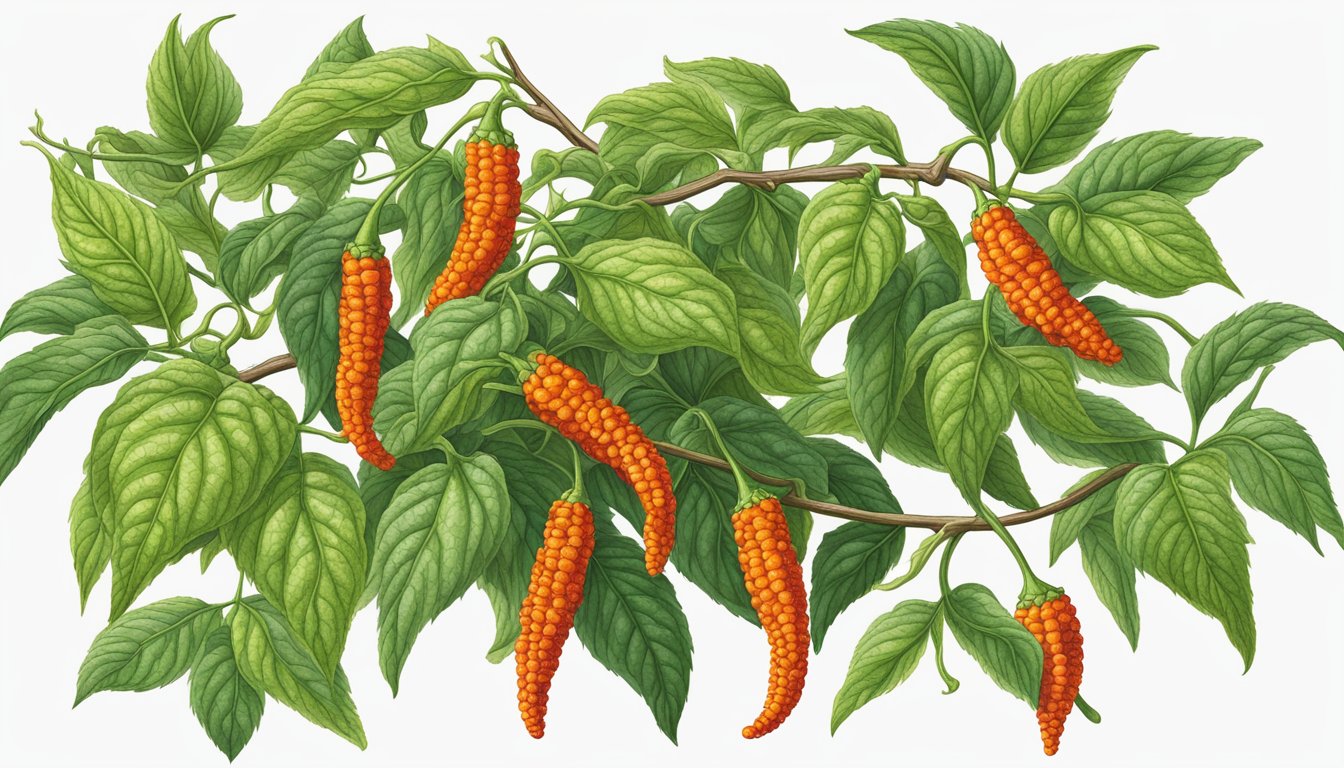 A vibrant long pepper plant with ripe, potent peppers hanging from the vine, exuding a fresh and spicy aroma