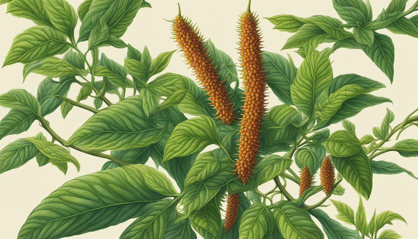 A vibrant long pepper plant thrives in a sunny garden, with its elongated spiky fruits dangling from the vine, showcasing its utilization and health benefits