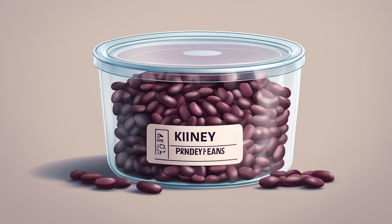 A pile of kidney beans in a clear, sealed container with a visible expiration date label