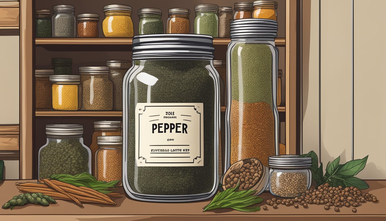 A jar of long pepper sits on a shelf, surrounded by other spices. The label indicates the expiration date is still far in the future