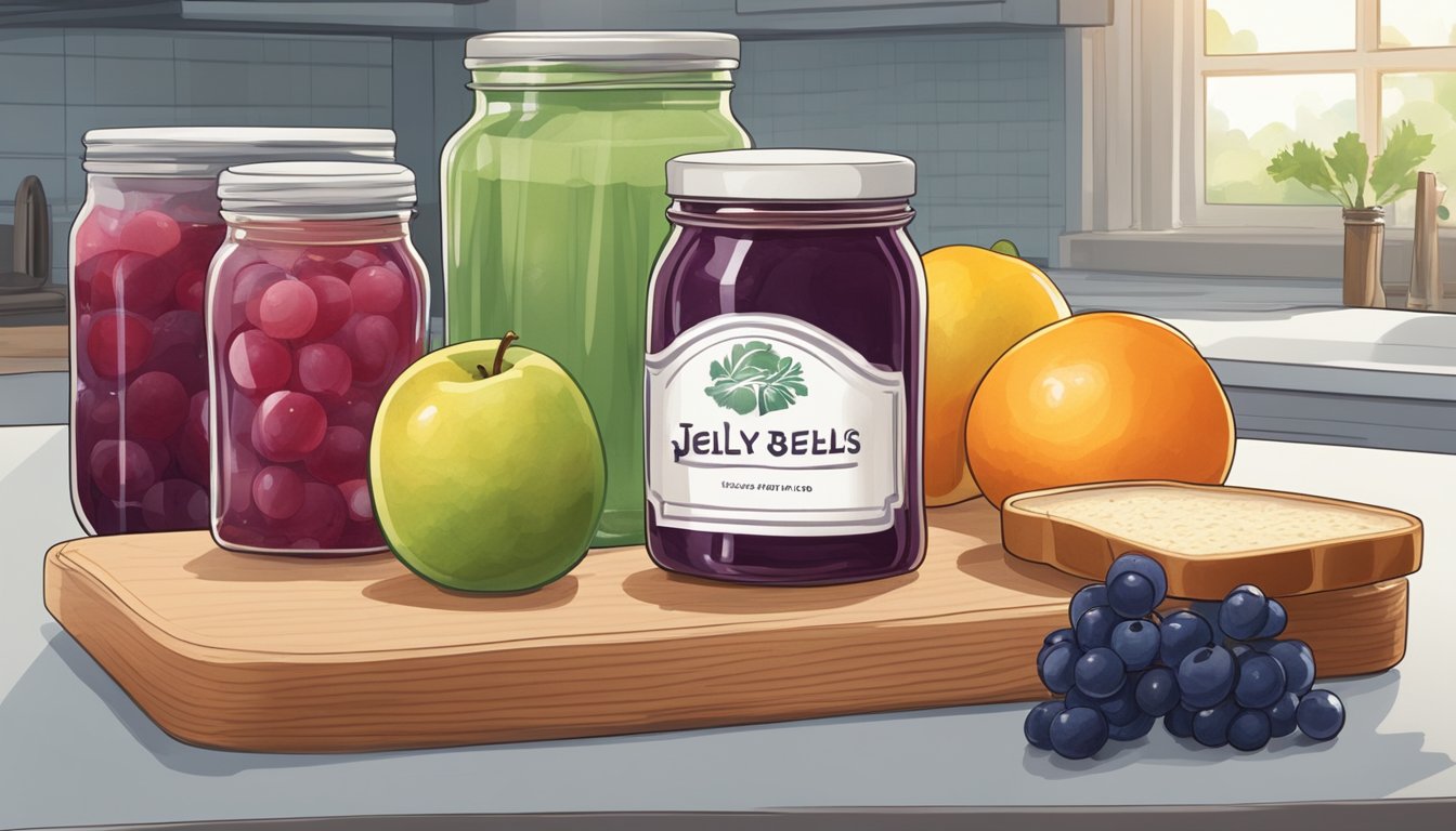 A jar of jelly sitting on a kitchen counter, surrounded by fresh fruits and a loaf of bread. The lid is slightly ajar, indicating it has been recently used