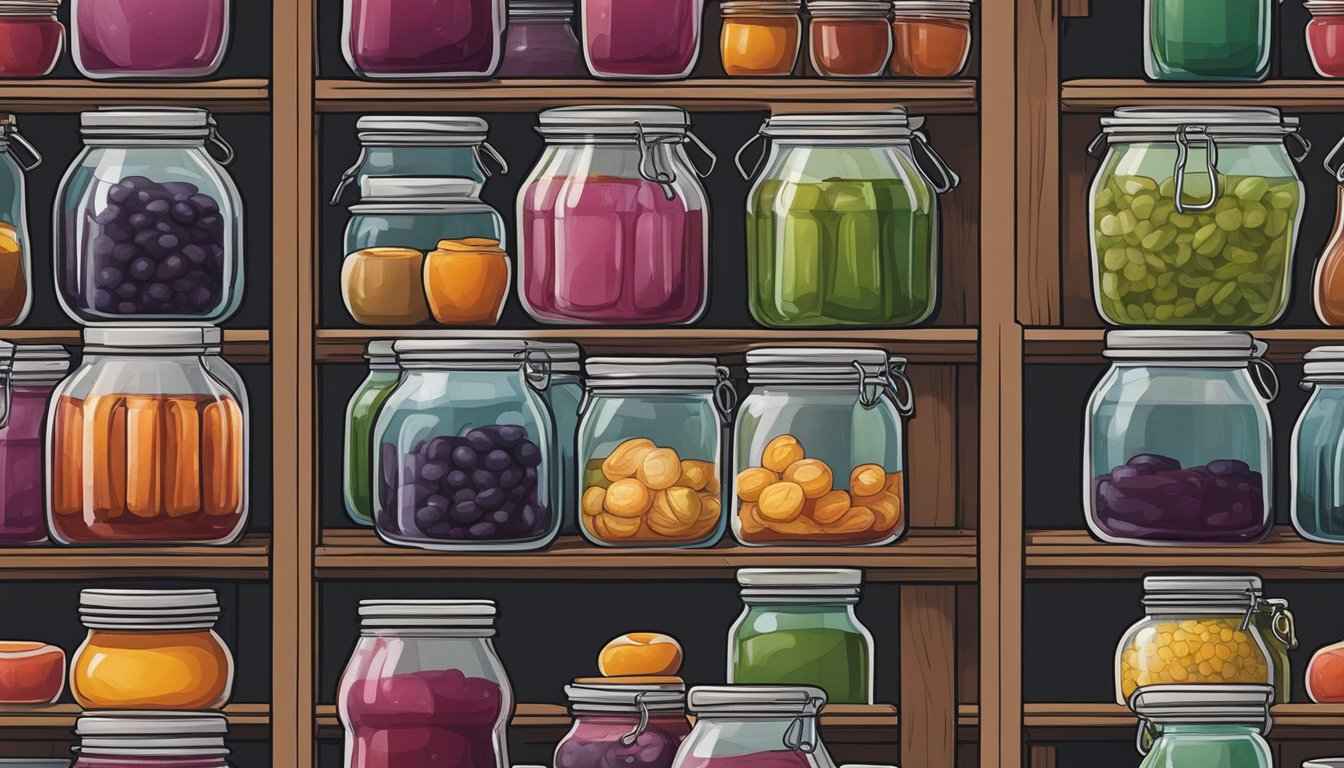 A jar of jelly sitting on a shelf next to other preserved foods in a cool, dark pantry