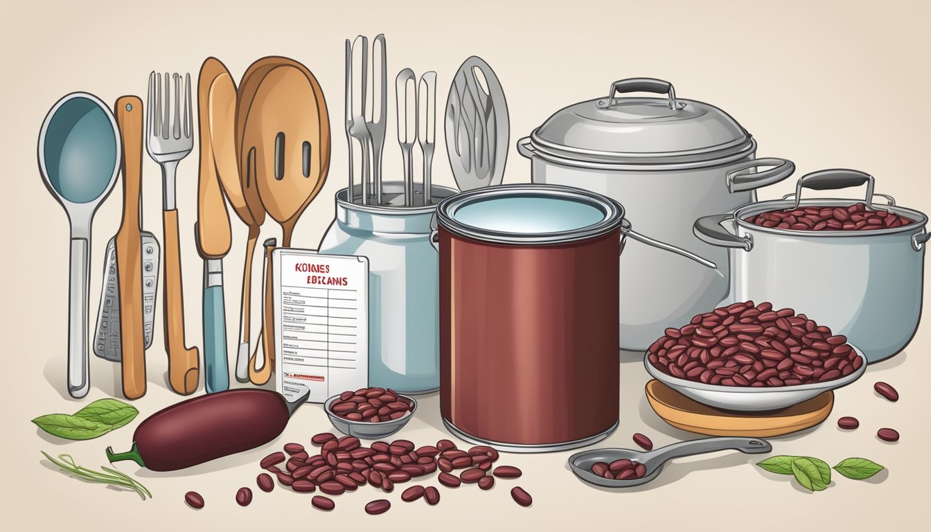 A can of kidney beans surrounded by various kitchen utensils and a food safety chart