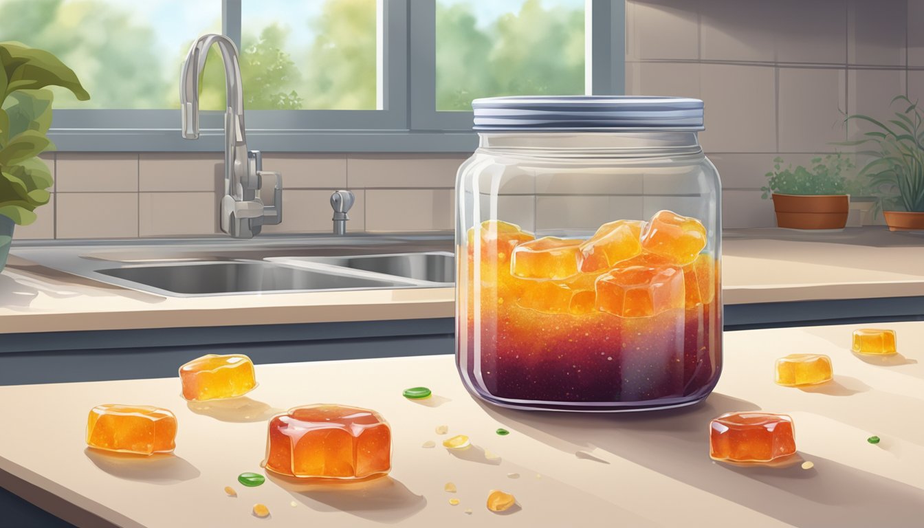 A jar of jelly sits open on a kitchen counter, surrounded by scattered crumbs. The jelly appears to have mold growing on its surface