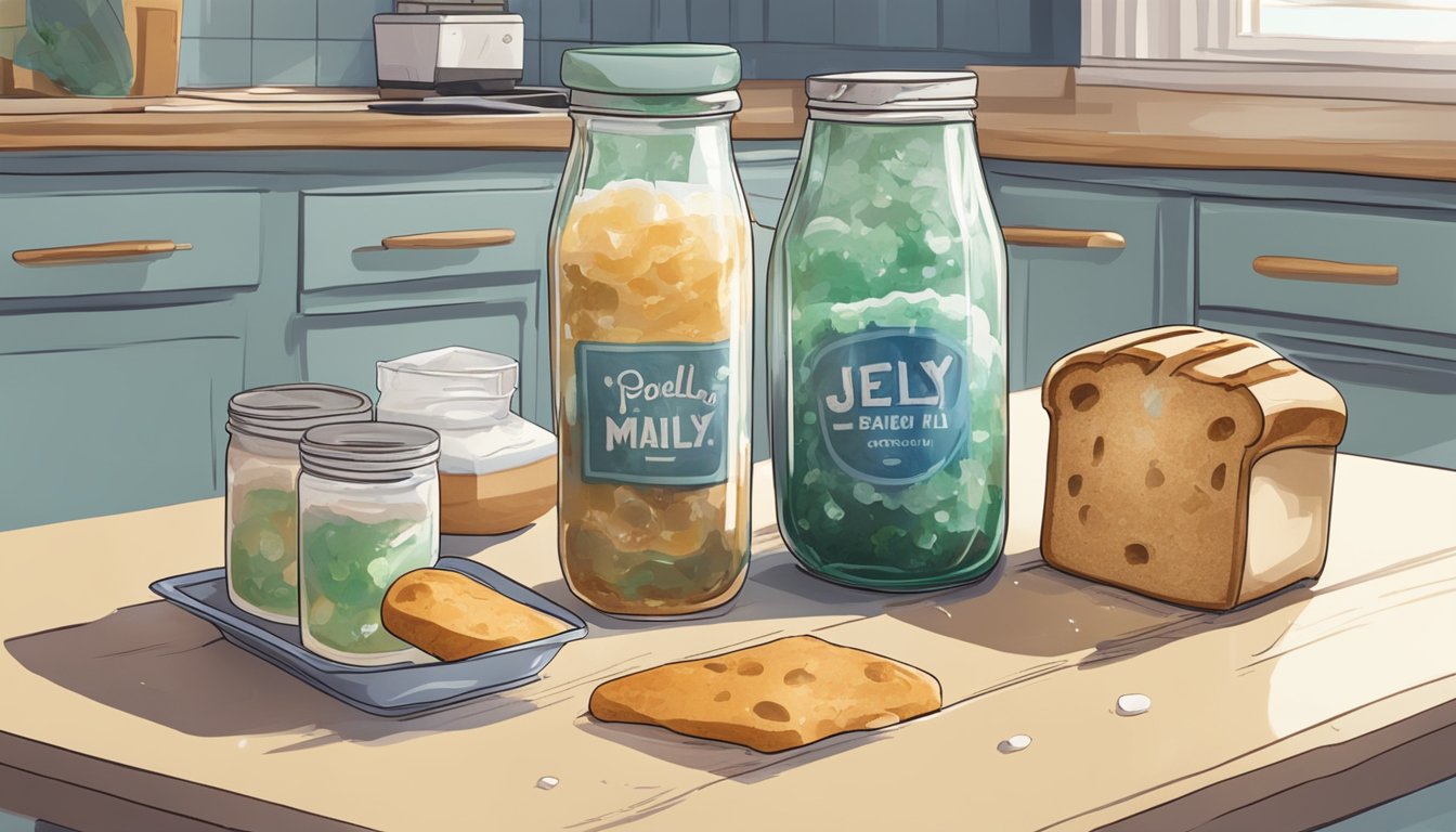 A jar of moldy jelly sits on a kitchen counter next to a loaf of bread and a carton of milk. The spoiled jelly has leaked onto the counter, creating a sticky mess