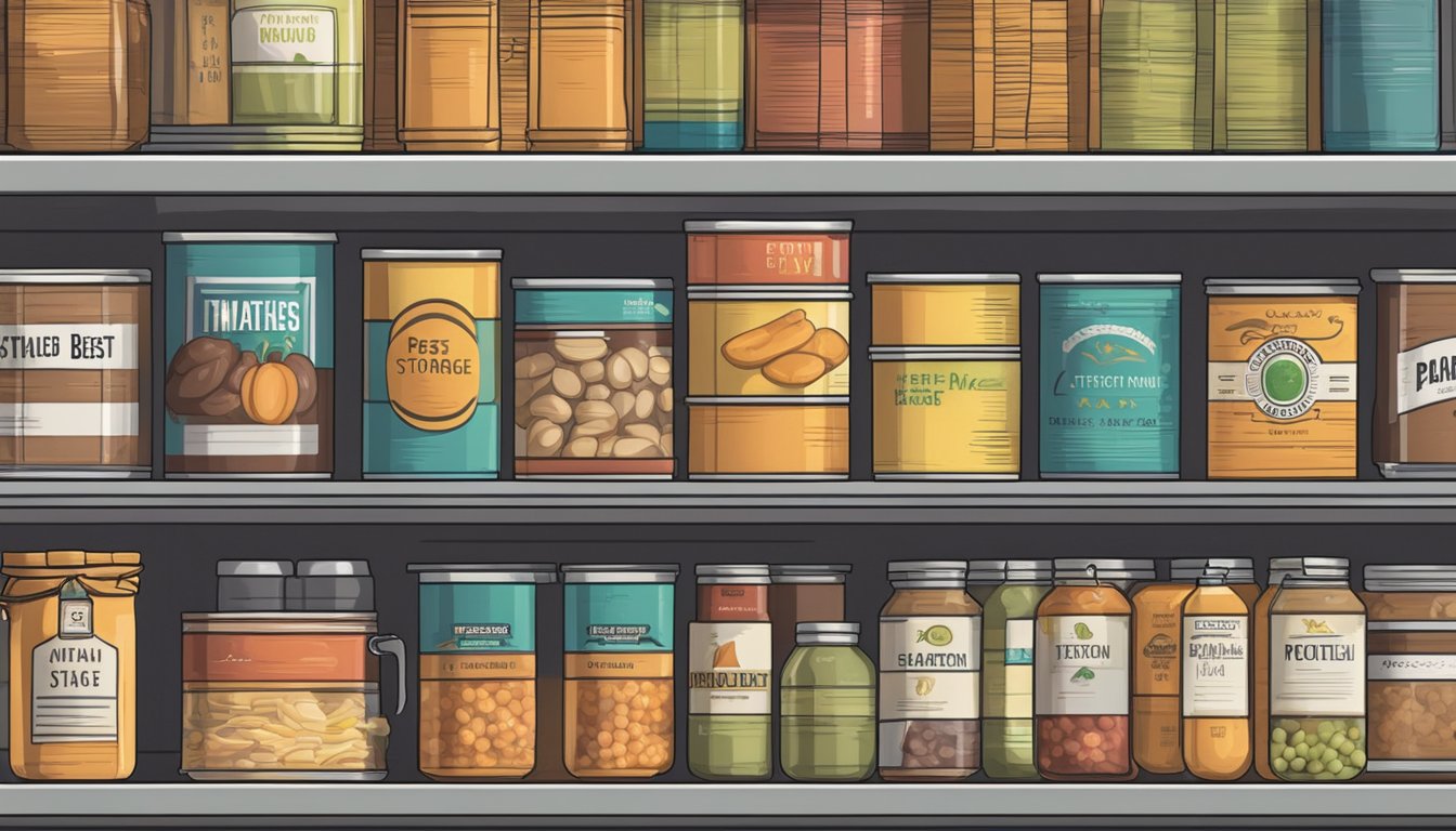 A pantry shelf with various canned goods, including stew, organized by expiration date and labeled "Best Storage Practices."