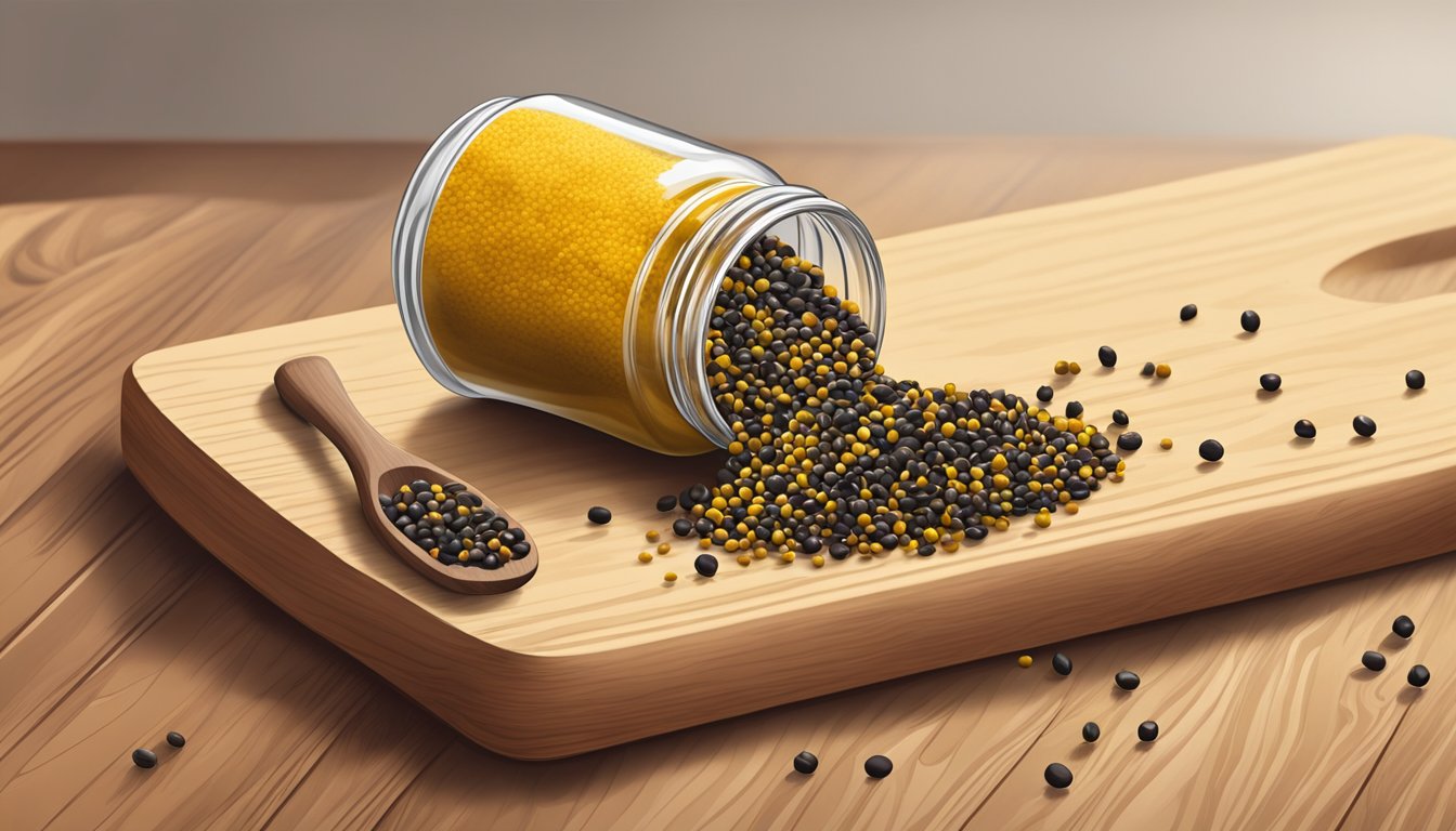 A small pile of mustard seeds spilling from a glass jar onto a wooden cutting board, with a few seeds rolling away