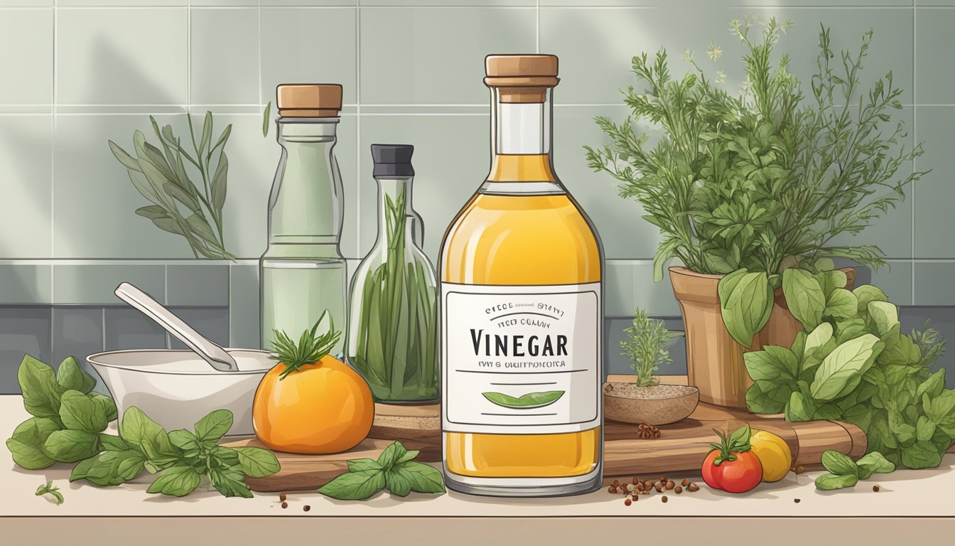 A bottle of vinegar sits on a kitchen counter, surrounded by fresh herbs and spices. The label indicates its high quality