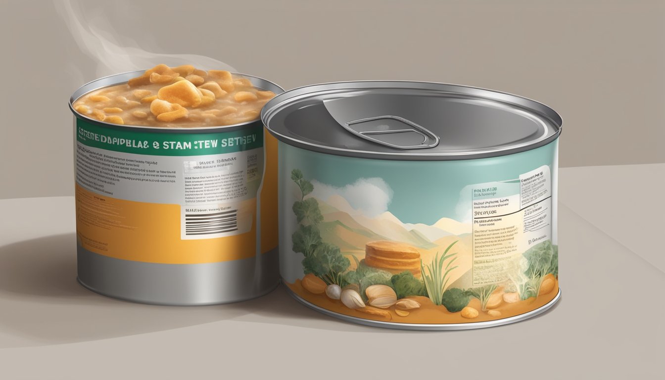 An open can of expired stew with visible signs of spoilage, such as mold or a foul odor, sitting on a kitchen counter