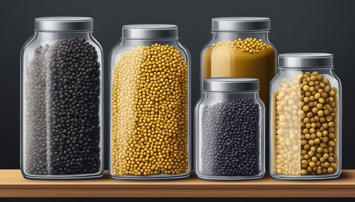 Mustard seeds in airtight containers on a cool, dark shelf